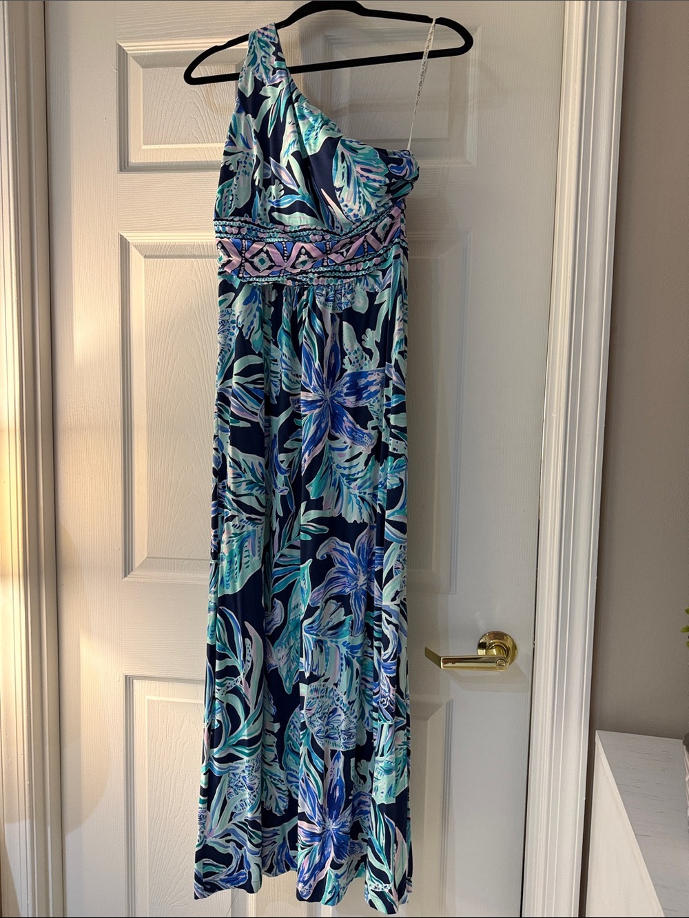 Lilly Pulitzer Navy Blue Mint Floral One-Shoulder Maxi Dress